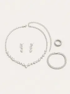 4Pcs Silver Tone Rhinestone Bridal Jewelry Set for Women, Sparkly Statement Necklace Dangle Earrings Tennis Bracelet and Ring, Wedding Bridesmaid Prom Party Accessories