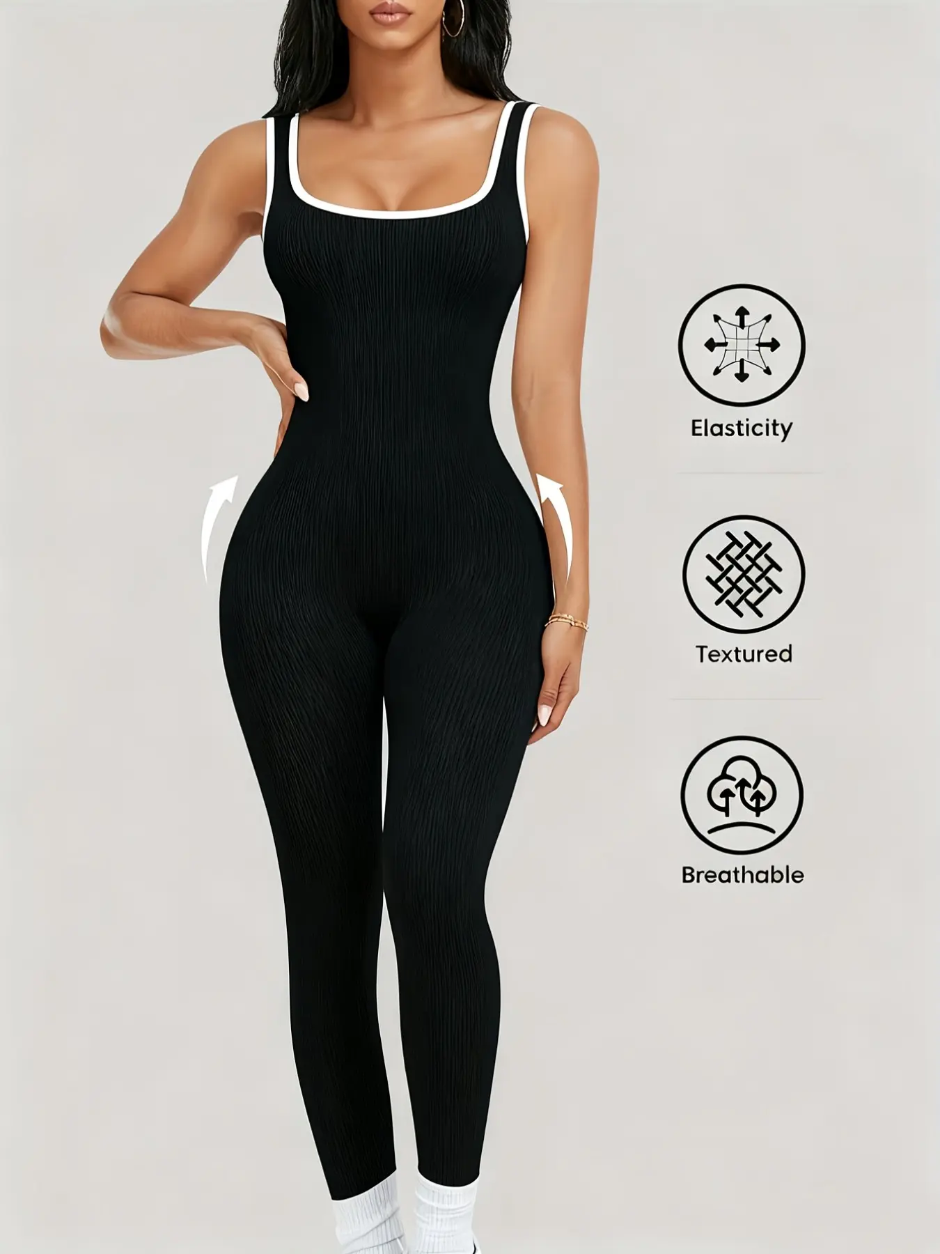 Womens Workout Rompers Stretch Jumpsuit Seamless Ribbed Yoga Gym Workout Jumpsuits One Piece Sleeveless Square Neck Tank Top Leggings Unitard