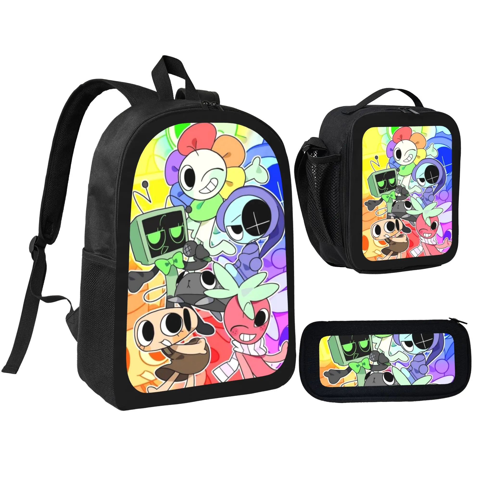Dandy's World Printed 3in1 School Bag Set, Insulated Thermal Lunch Bag + Big Pencil Case Combo, Breathable Strap Travel Daypack Backpack for Kids Boys and Girls
