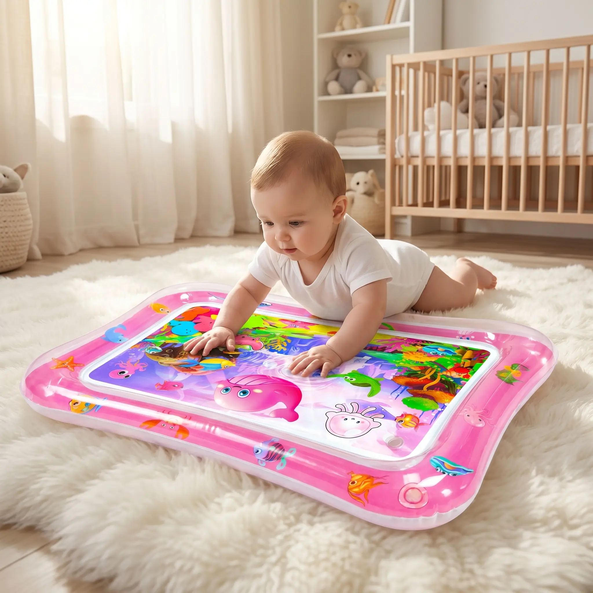 Inflatable Tummy Time Water Mat for Infants 3-24 Months - Seabed Pattern, Marine Animal Design, BPA-Free, Leak-Proof Sensory Pool Water Toy, Toddler Gift Item
