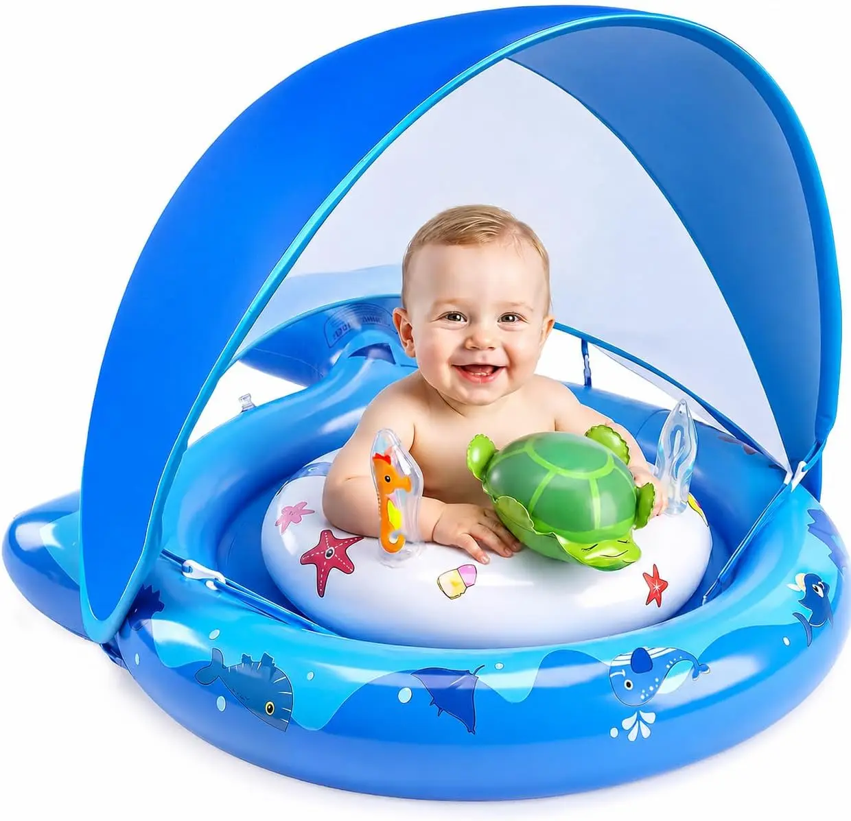 Inflatable Baby Pool Float with Sun Canopy, UPF50 Sun Protection, Portable & Easy to Store, Padded Safety Seat with, Includes Air Pump, with Toys Baby Swim Float for 6-36 Months Boys & Girls(Blue)