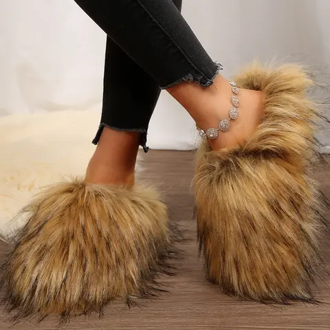 Women's Fuzzy Scuff Slippers Non-Slip Sole Winter House Mini Snow Boots Bedroom Shoes Soft Plush Indoor Outdoor Slippers Springfresh