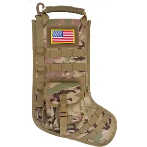 Tactical Christmas Stocking, with Flag Patch MOLLE Webbing, Zip Pocket, MOLLE Clips, Gift for Veterans Military Patriotic and Outdoorsy People, Khaki Camouflage
