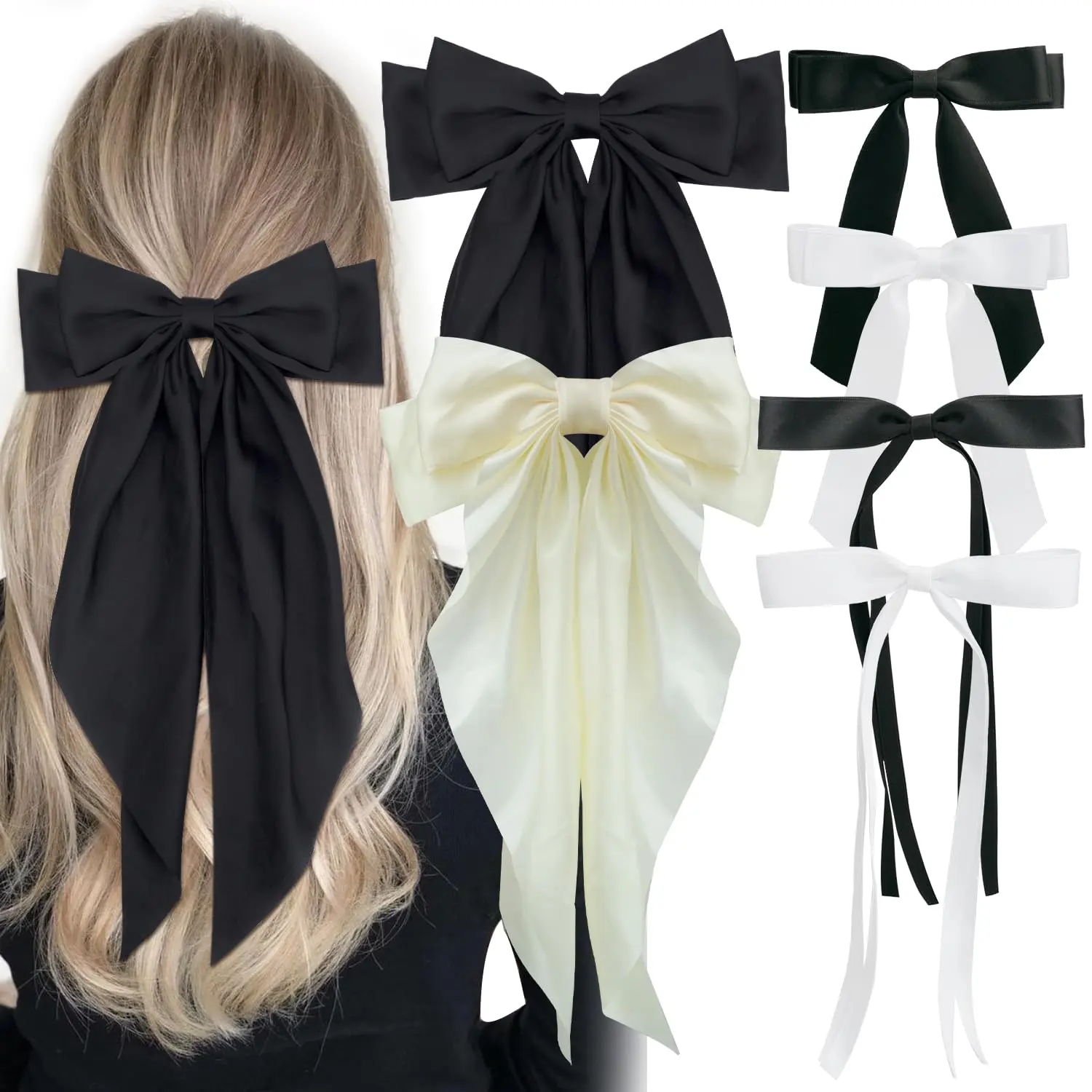 6 PCS 3 sizes Hair Bows Cute Hair Clips for Women Girls Tassel Ribbon Bowknot Hair Clips, Black and White, Hair Accessories for Women Girls