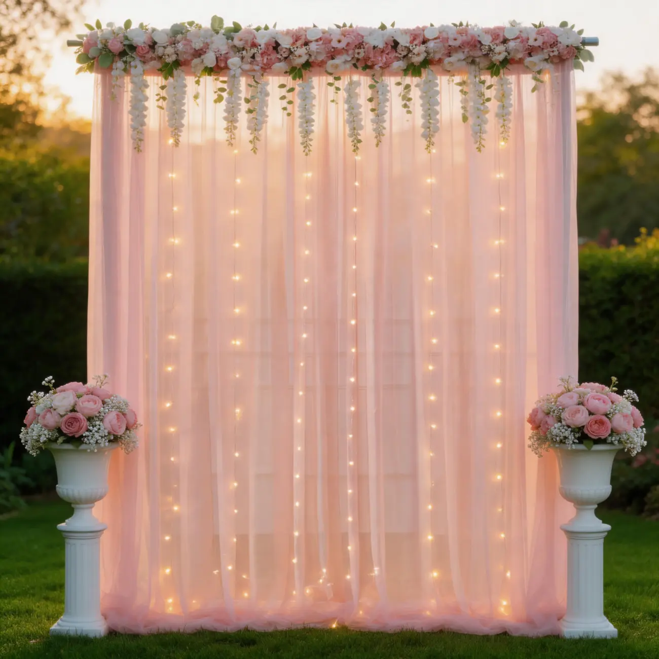 5x10FT 6-Panel Pink Chiffon Draping Fabric Set with String Lights, Soft Gossamer Curtains for Wedding Ceremony, Room Photo Banners, Business Romantic Event Backdrops