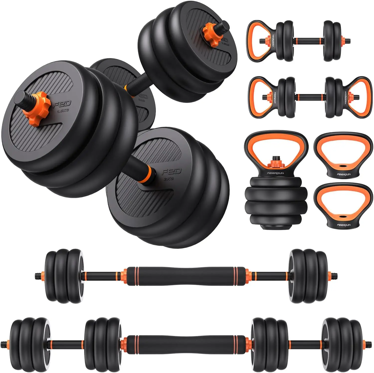 FED Fitness Feierdun Series DS2 Dumbbell Set 20/45/70/90lbs, 5-in-1 Free Weights with Connector, Convert to Barbell/Kettlebell/Push-Up Stand, Home Gym Equipment for Men & Women【live only】