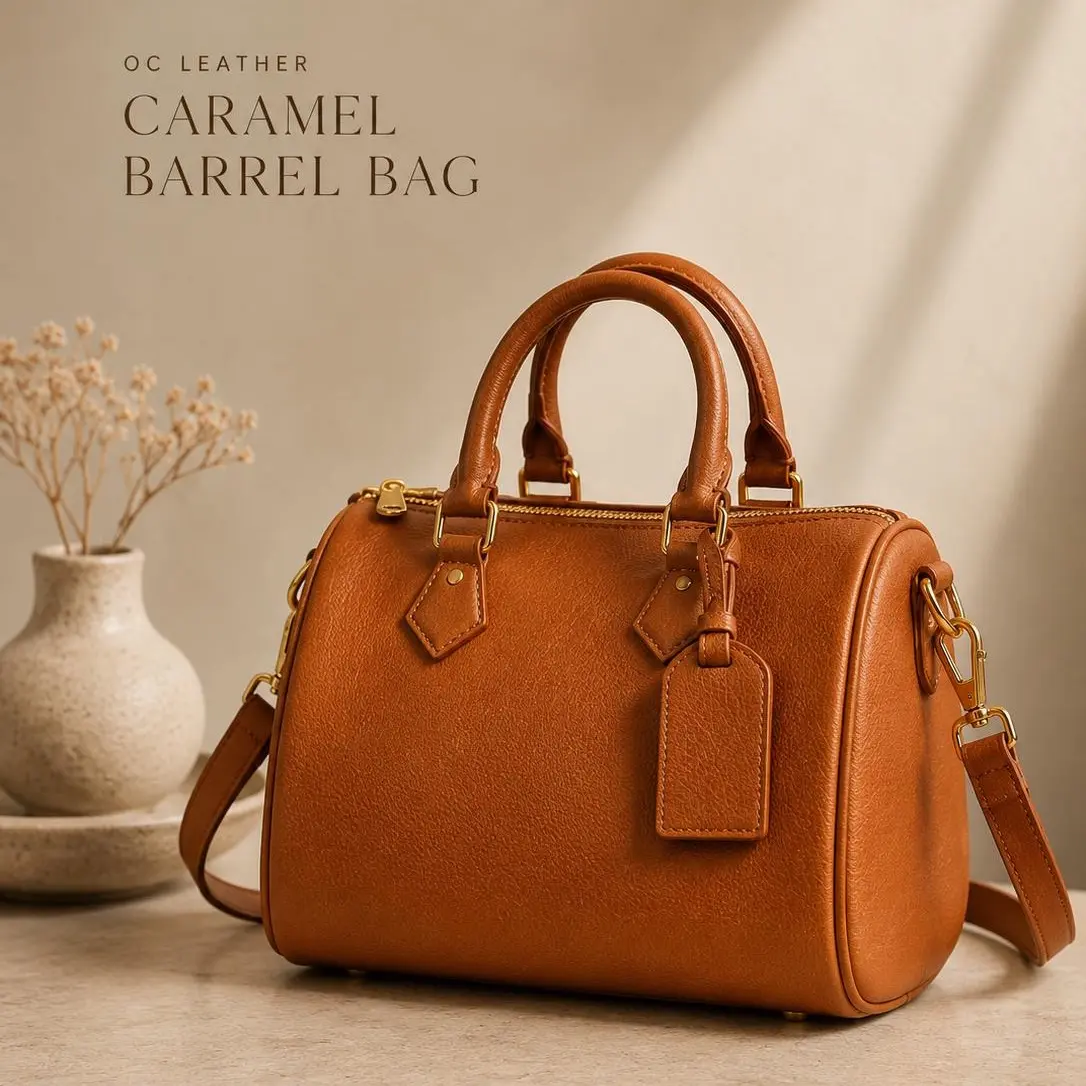 Women's Classic OC Compact Genuine Cowhide Barrel Bucket Bag, Everyday Crossbody Handbag, Stylish Shoulder Bag for Daily Use, Leather