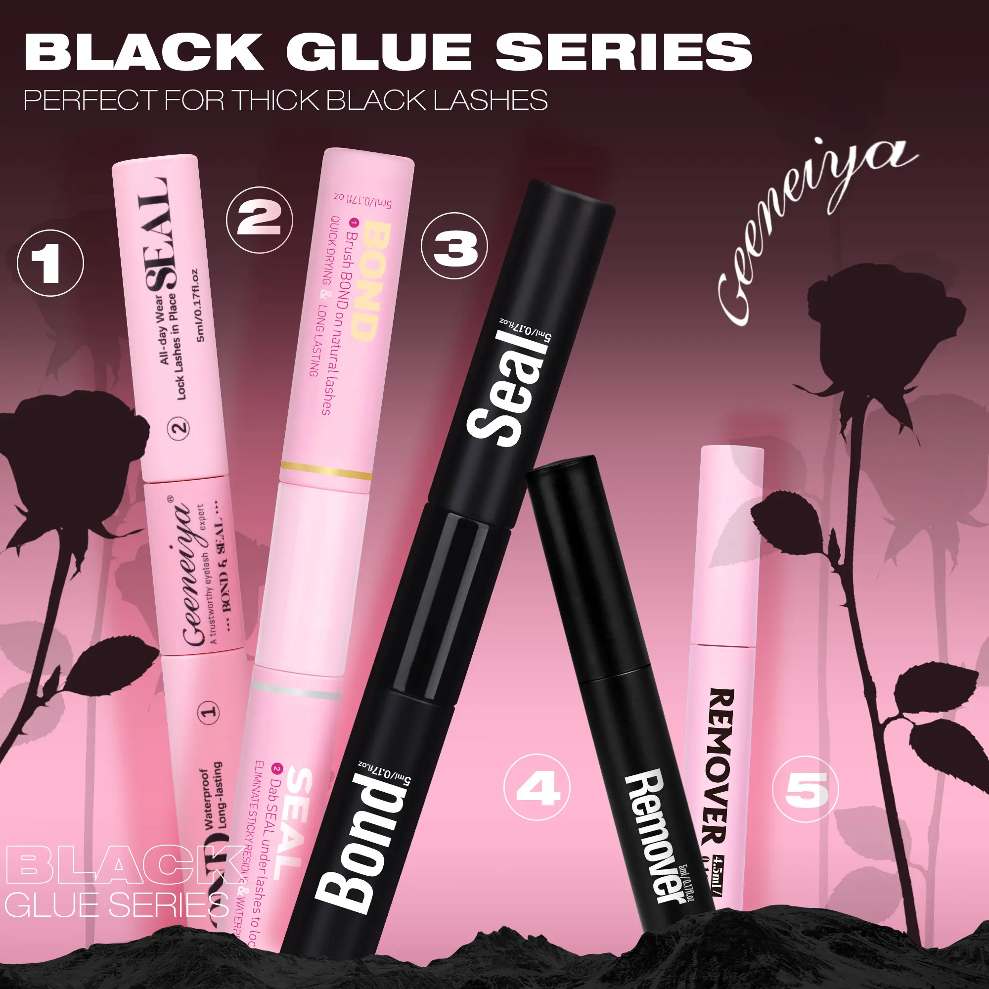 Geeneiya Black Lash Bond & Seal & Professional Remover for Lash Clusters, Long-lasting, Gentle Formula, Waterproof, Mascara Cosmetic Makeup Removal DealsForYouDays