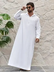 Men's Solid Pocket Zipper Hooded Kaftan, Loose Modest Casual Long Sleeve Kaftan, Men's Islamic Clothing for All Seasons Daily Wear, Traditional Arabic Robe, Premium Traditional Thobe