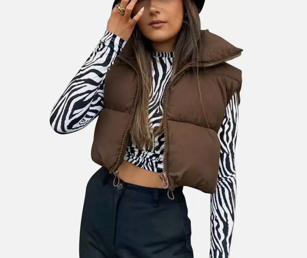 new Uaneo Women's CROPPED PUFFER VEST sz S Sleeveless Padded Jacket Gilet Brown Coat Fashion Outfit Outerwear Womenswear Lightweight High Neck