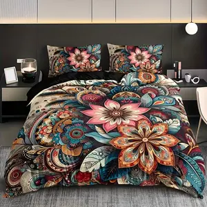Bohemian Mandala Floral Bedding Set, 3pcs (1 Fitted Sheet + 2 Pillowcases), No Core Included, High Definition Print, Home Dormitory Use