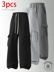 3-pack men’s pants: men’s long pants, casual pants, elastic drawstring casual pants, workwear design with large 3D pockets, available in multiple colors. Versatile pants for everyday wear at home, commuting, school, outdoor outings, sports, and fitness.