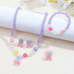 Dreamy Bear Bead Set 5 Piece Necklace Bracelet Earrings Ring Sweet Girl Accessories, Cute Jewelry for Women and Girls