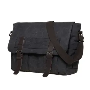 KAAKO Canvas Vintage Messenger Bag Shoulder Bag Leather Large Travel Crossbody Bags for Men Women 14-inch Laptop with Adjustable Strap & Multiple Pockets