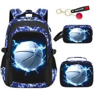 School Backpack for Boys - 4pcs Basketball Boys Backpack with Lunch Box Set for Kids Teens Elementary Middle School, 18" Large Capacity Waterproof Bookbag with Usb Charging Port, Daypack for age 6-18