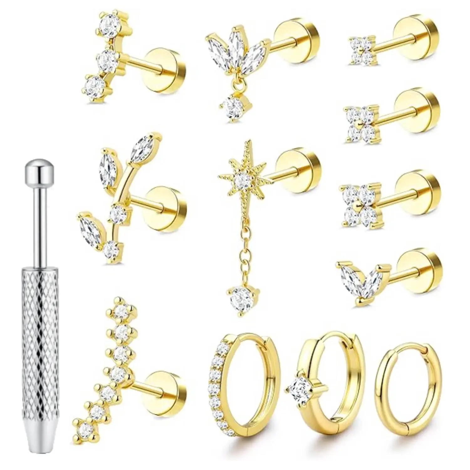 Flat Back Cartilage Earrings for Conch Tragus Helix Piercing Jewelry | Hypoallergenic 16 Guage Cartilage Earring Stacks,Surgical Stainless Steel Stud Hoop Earring Sets for Multiple Piercing,12 PCS
