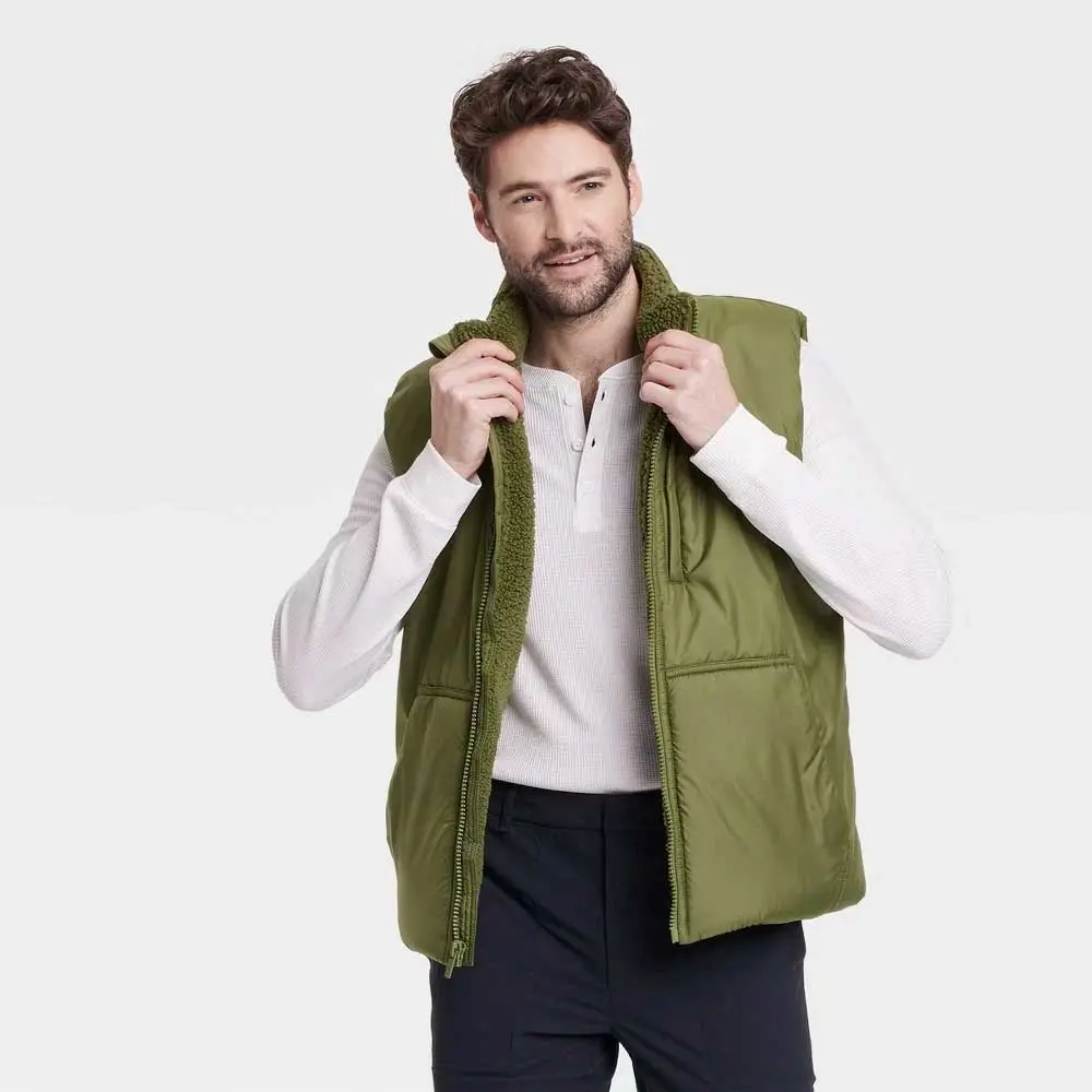 Men's Polyester Casual Puffer Vest - All In Motion, Green, XXL, Zipper-Closure, Menswear Fabric, Pocket