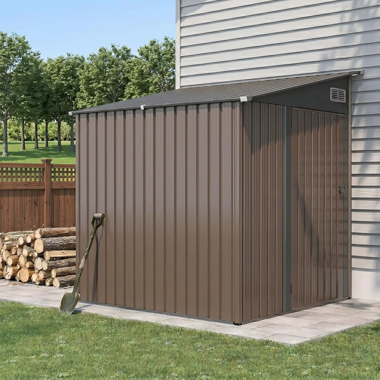 Storage Shed Metal 4x6FT Brown （7x5.3 Ft/4x6ft）lean Garden Sloped for Tools, Lockable Doors & Single Door, Outdoor Bike Shed for Backyard, Patio, Poolside (Brown)