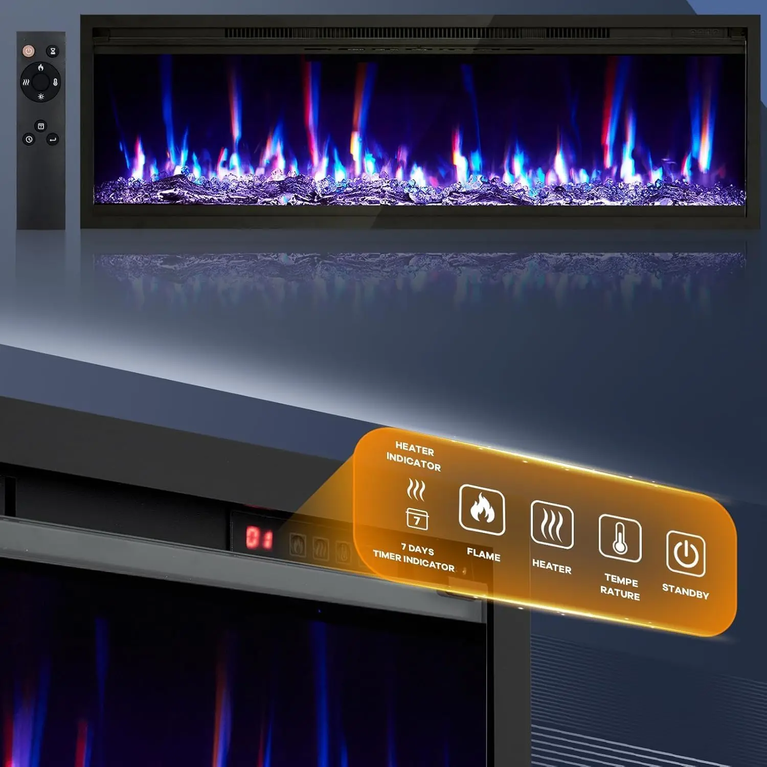 Gaomon 42" Ultra-Thin Linear Electric Fireplace - Wall Mounted/Recessed, Remote Control, 4.2" Depth, 750W/1500W Adjustable Heating, 2-Speed Heater, 12 Color Flames, 5 Brightness Levels, Timer, Log & Crystal Accessories