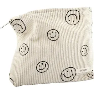 GUTGNK Makeup bag for Women, Corduroy Cosmetic Bag Aesthetic Design Ladies Tote Bag,Cute Smiley Face Makeup Organizer with Zipper - Blue