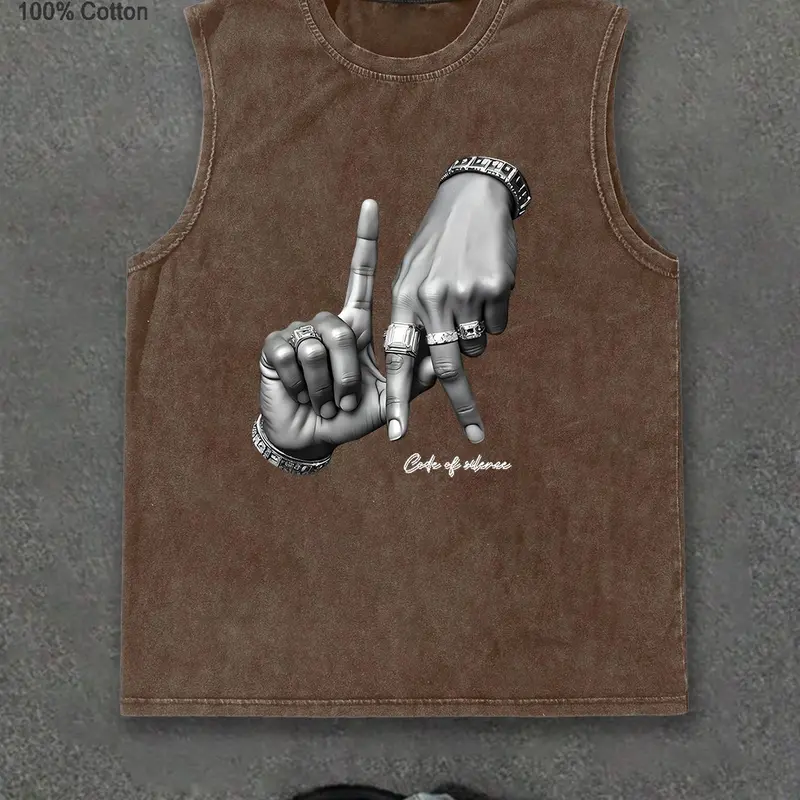 Men's Regular Fit Hand Print Graphic Tank Top, Casual Street Sleeveless Top for Summer, Menswear for Daily Wear, Socks, Cotton Streetwear, Breathable Sleeveless Vest, Athletic Tank Tops