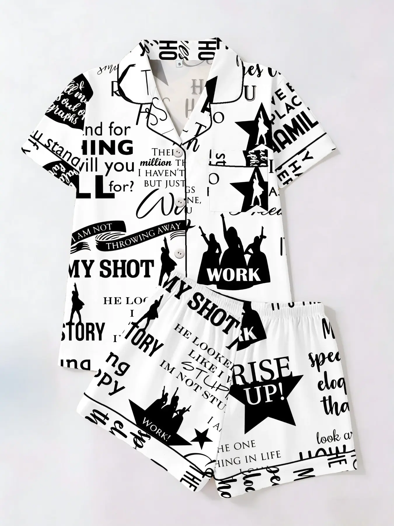 Tiktok Trendy Hamilton Musical Quote Silhouette Print Matching Short Sleeve Shorts Set, Casual Lounge Pajama Style Fitted Women's Nightwear Sleepwear Pajama Loungewear Home Wear Two-Piece Suit Homewear Pjs