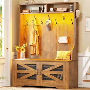 Sikaic Hall Tree with Bench and Shoe Storage, 5-in-1 Entryway Bench with Coat Rack, 10 Shoe Cubbies & 9 Coat Hooks, Barn Door & Adjustable Shelf