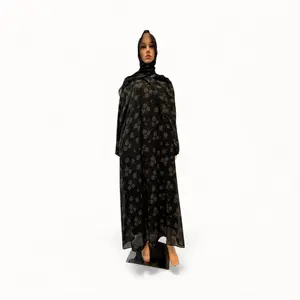 Elegant Black Floral Chiffon Abaya Set Day & Night Sparkle Edition with Delicate Flower Prints