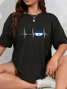 100% Cotton El Salvador Heartbeat Pulse EKG Salvadorian Heart Flag T-Shirt Casual Short Sleeve Shirt Breathable Fabric