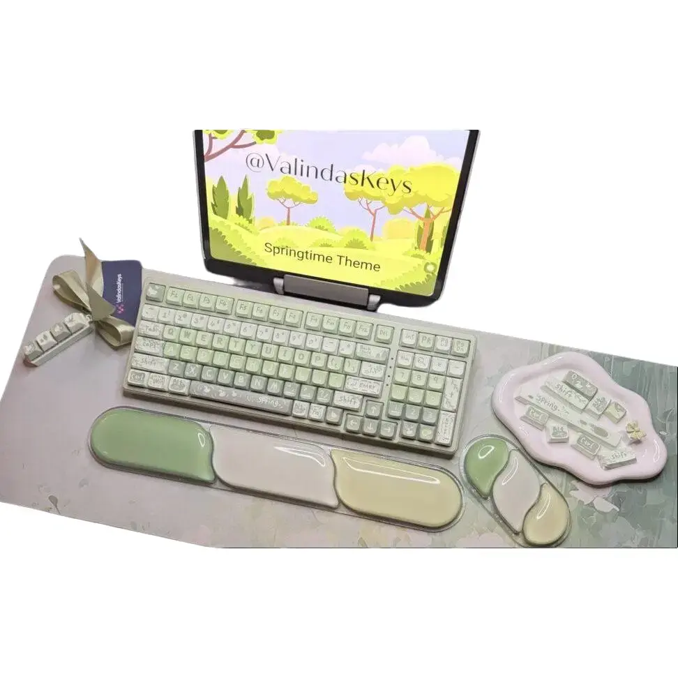 Light Green Spring Theme Mechanical Keyboard Full Set with Desk Mat, Batteries, RGB Lights, Artisan Keycaps, Clean Design