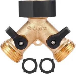 Garden Hose Splitter 2 Way Heavy Duty, Y Connector Brass Garden Hose Adapter, Hose Bib Splitter with 2 Extra Rubber Washers