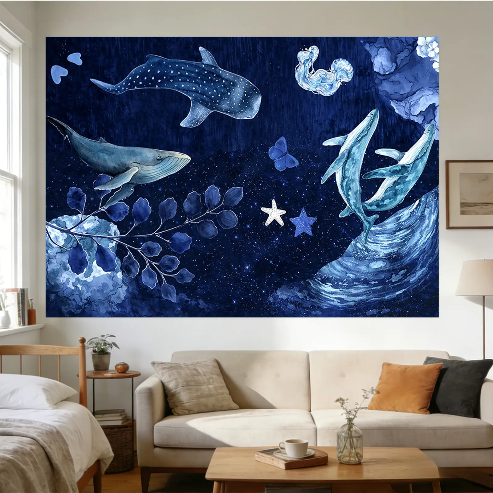 Blue ocean themed tapestry with whale, whale shark and starfish, suitable wall decor for bedroom, living room, meditation area, office and party