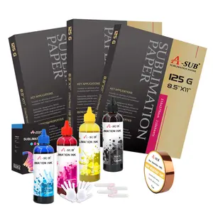 A-SUB All-in-One Sublimation Starter Kit: 4x120ML Epson Ink, 330 A4 Paper, Tape for Custom Products, White Sublimation Vinyl for Cotton Shirts, Heat Transfer, Vivid Colors, Washable, Commercial Use, DIY Craft Paper