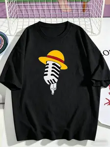Short Sleeve T-Shirt, One Piece Luffy Straw Hat Microphone Cartoon Print, Anime Casual Street Style, Soft Breathable Cotton, Trendy Daily Wear