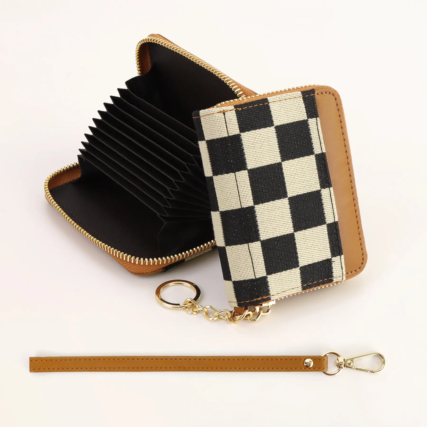 Minimalist plaid leather zip wallet (women’s), compact lightweight card holder, multiple compartments, gold decorative accents, leather zip wallet, women’s wallet, combination of canvas and leather materials