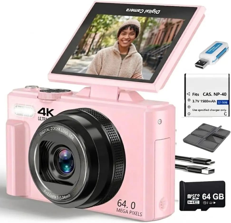 Acuvar 4K Digital Camera, 64MP Compact Digital Camera for Photography & Vlogging, Flip Screen, WiFi, 16X Zoom, Small Camera for YouTube