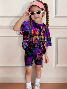 Girls' Summer Anime Trendy Short Sleeve Set, Graffiti Girl Group Print, Casual Fitted Top and Shorts, Regular Length, No Zipper