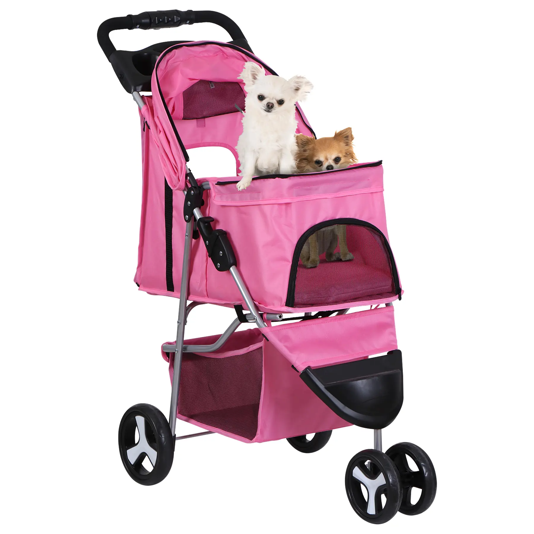 Pet Republic Durable 3-Wheel Foldable Portable Puppy Stroller for Small Dogs (Max 33lbs) - Under-Basket Dog & Cat Carrier, Pink