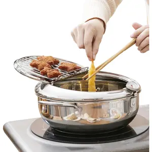 Deep Fryer Pot (?C), 11"/4.4Qt (4.2 L)  Tempura Frying Pot with Lid, 304 Stainless Steel Fry Pot with Temperature Control and Oil Drip Drain Rack