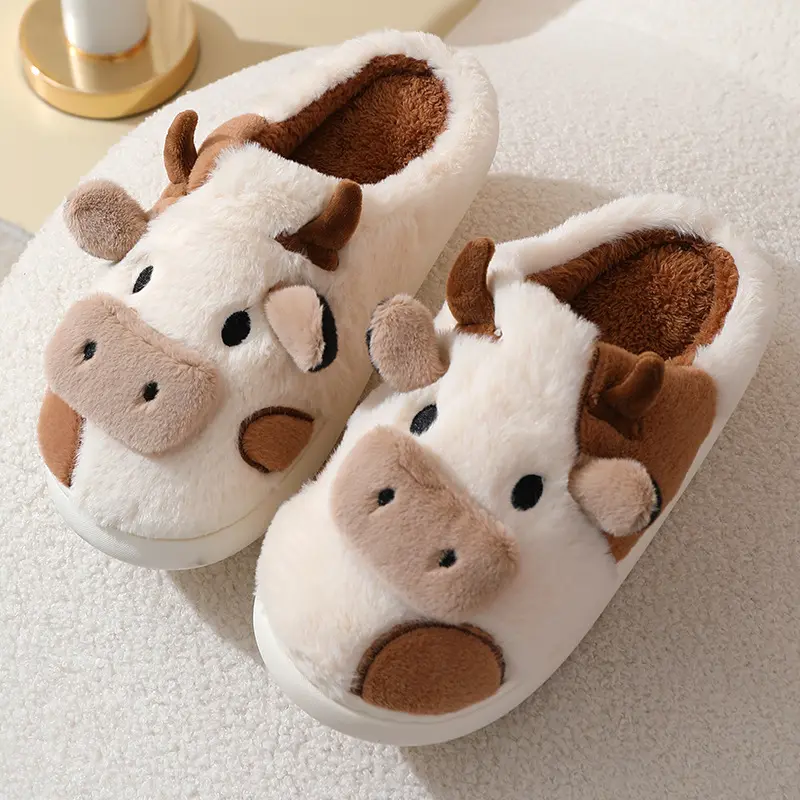 Slippers for Women, Cute Cow Print Ankle Booties, Fuzzy Warm Plush Cotton Indoor House Shoes with Anti-Slip Sole, Fuzzy Warm Slippers, Footwear, Fuzzy Plush, Cartoon Animal Design Women's Fashion Slippers