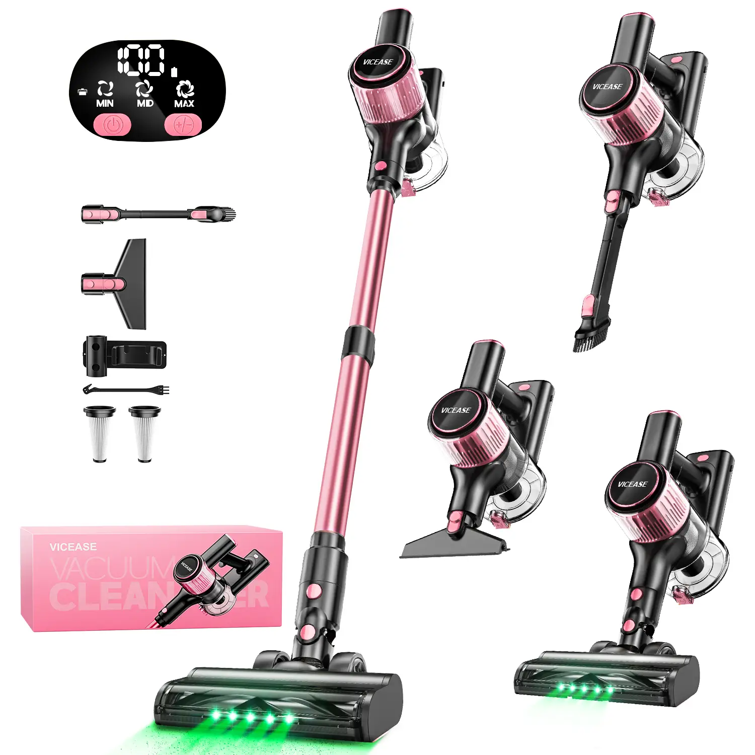 VICEASE Vacuum Cleaner, LED Display, 3 Modes, Green LED, Anti-Tangle & 1.5L Dust Cup, Lightweight Vacuum for Hardwood Floor/Carpet/Pet Hair/Car