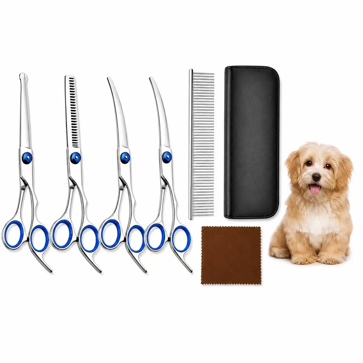 Professional 7-In-1 Pet Grooming Scissors Set, Grooming Tools, Safety Rounded Tips, Sharp Stainless Steel, Ideal for Cats and Dogs, Grooming Supplies