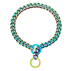 Dog Chain Collars Rainbow Colorful Chain Dog Collar 12mm Cuban Link Dog Collar with O ring Lock Stainless Steel Metal Dog Chain for Puppy Small Medium Large Dogs