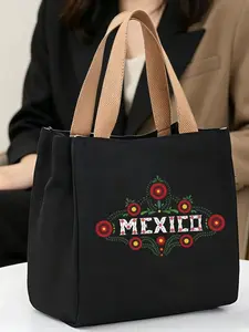 #MexicoFloralTote #FolkArtBag | Black Canvas Tote Bag with Traditional "MEXICO" Floral Print, Casual Cultural Shopper with Beige Handles, Large Capacity Handbag, Durable & Vibrant, Perfect for Mexico Fans & Festivals