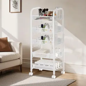 GARVEE 5-Tier Slim Metal Drawer Storage Cart on Wheels – Mesh Shelves, Rolling Organizer for Kitchen, Office, Bathroom, Bedroom – Stackable Trolley for Fruits, Snacks, Household Basics – Black or White – Save Space, Stay Organized!