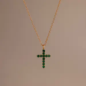 Pave Emerald Cross Necklace by Caitlyn Minimalist - Dainty Green Gemstone Pendant Necklace - Everyday Layering Necklace - Church Jewelry - Grandma Gift