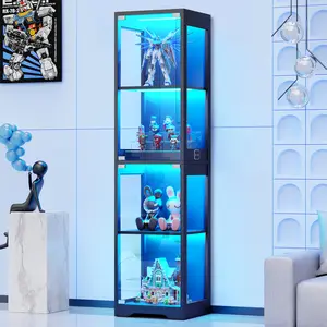 MIIFUNY Display Cabinet with Glass Doors, 4-Tier Display Case with 3 Color Lights for Collectibles, Display Shelves with Human Body Sensor, Black