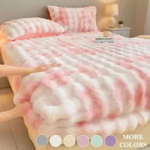 Tie-Dye Bubble Fleece Milk Velvet Bedding Set, Ultra-Soft Skin-Friendly Faux Rabbit Fur Fitted Sheet and Bed Skirt Combo, Machine-Washable 1-Piece Bedding Set for Bedroom, Guest Room, Dorm, Kids, Pets, Elderly and Hotels
