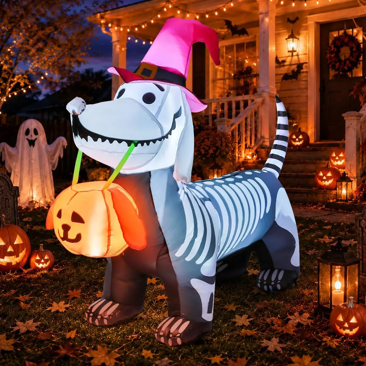 GOOSH 5.5 FT Halloween Inflatables Outdoor Decorations Skeleton Puppy Inflatable Yard Decoration with Build-in LEDs Blow Up Pumpkin for Halloween Party Indoor Outdoor Yard Gardenspooky season decor, spooky yard decor, halloween yard decor, halloween gift