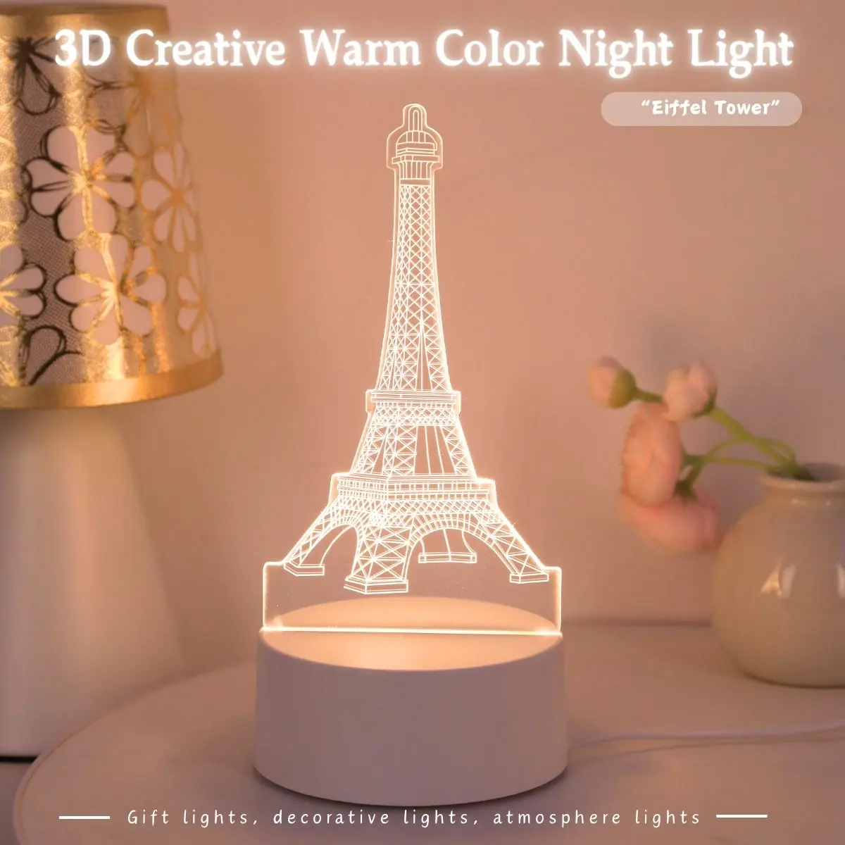 Modern 3D Paris Tower Night Light, Geometric Ambiance Lamp with Base, USB Powered Bedroom Light, Warm Color Single Light, Indoor Decorative Light, Decorative Atmosphere Lamp, Plastic Material